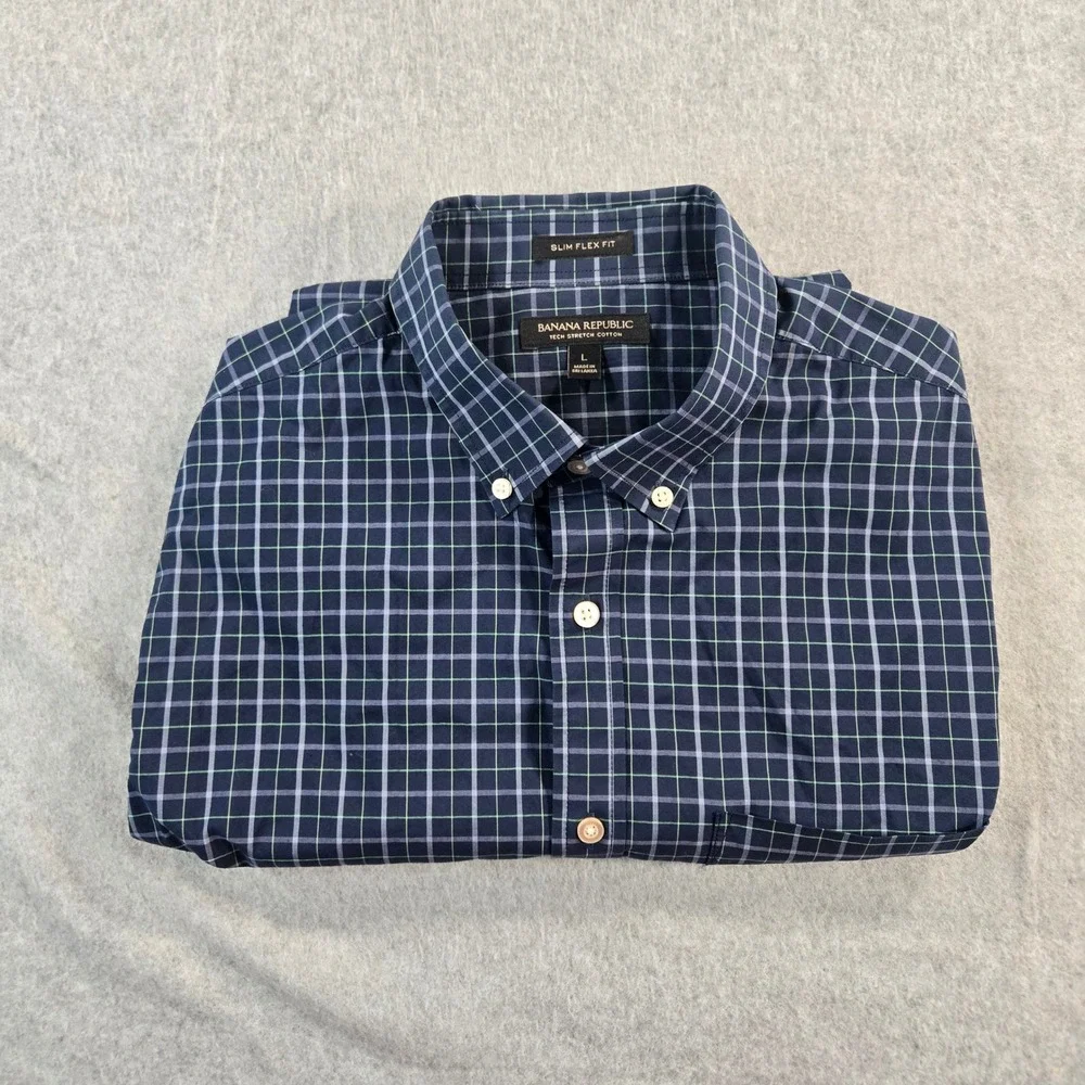 Banana Republic Mens L Slim Flex Fit Tech Stretch Cotton Navy Plaid Shirt 427632